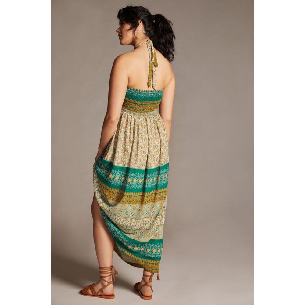 TINY Anthropologie Green Paisley Twist Halter Maxi Dress - Picture 2 of 8